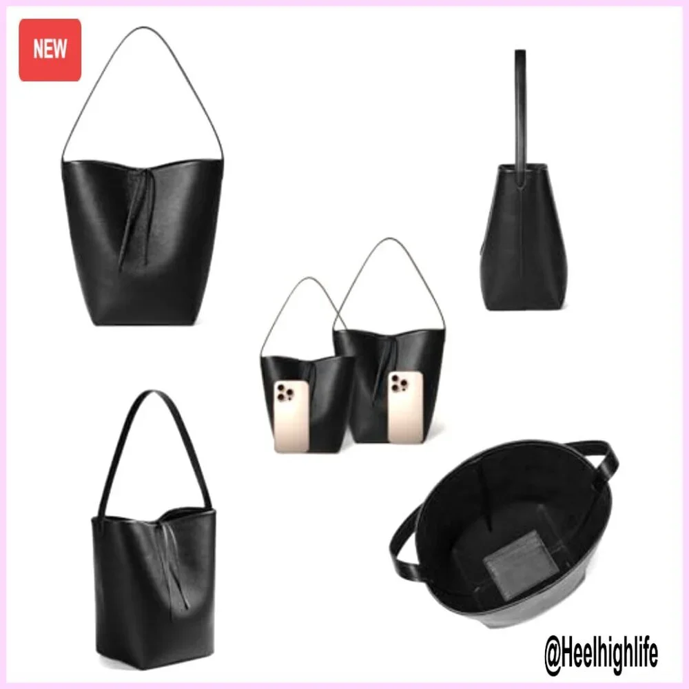 Genuine Leather Bucket Tote Bag with Credit Card Holder Wallet